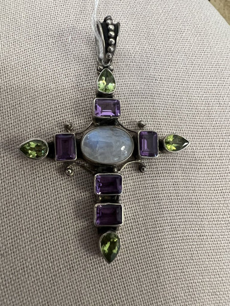 Vintage Sterling Amethyst Moonstone Peridot Cross