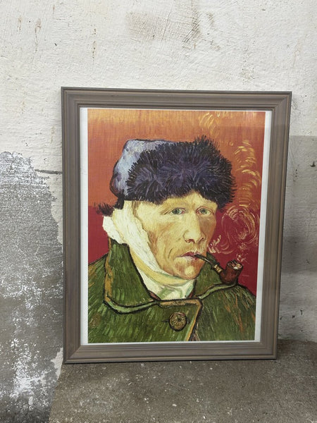 Framed Vincent Van Gogh self portrait with bandage, ear, and pipe