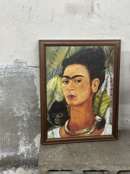 Frida, self portrait with monkey framed