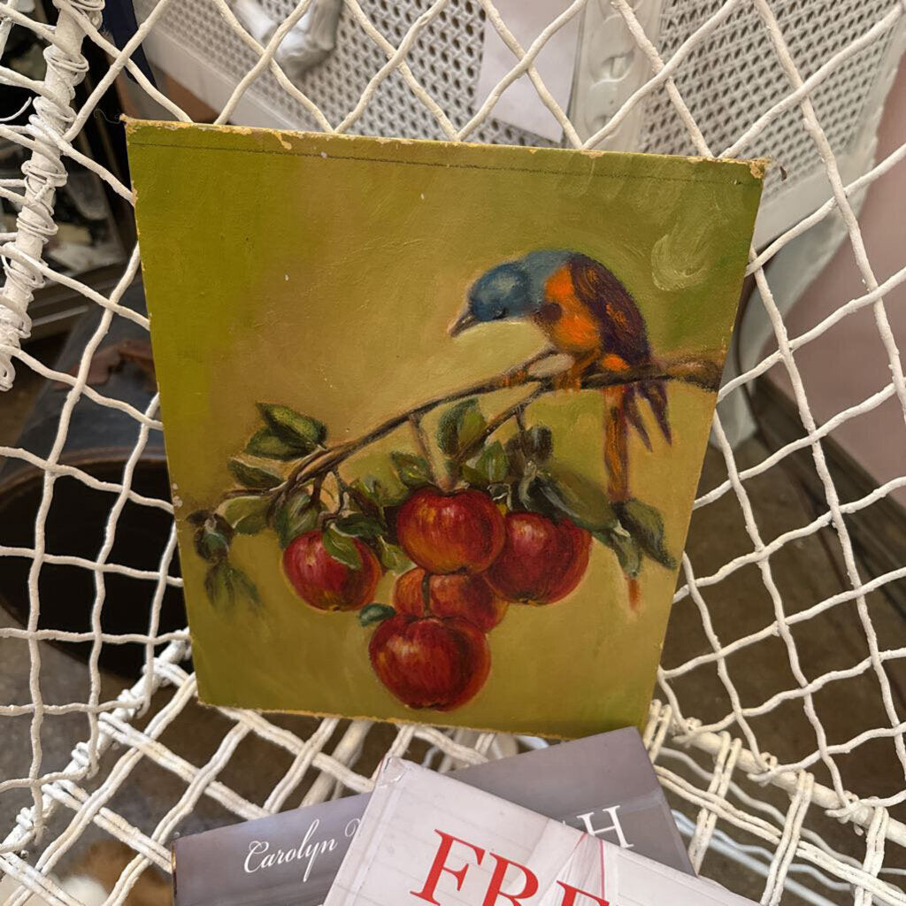 Apples with bird oil painting, 9" x 11 1/4"