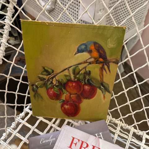 Apples with bird oil painting, 9" x 11 1/4"