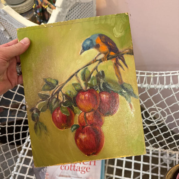 Apples with bird oil painting, 9" x 11 1/4"