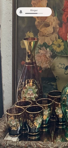 Venetian Amethyst gold rimmed decanter with 6 shot glasses