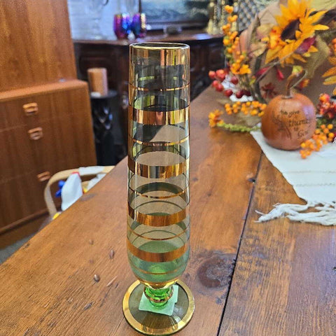 Mid century green and gold vase 9" tall