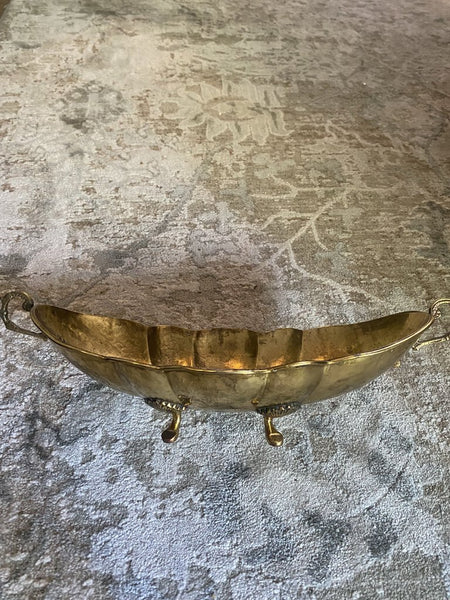 Vintage Hammered Oblong Footed Bowl w/ Scalloped Edges 7" x 15"