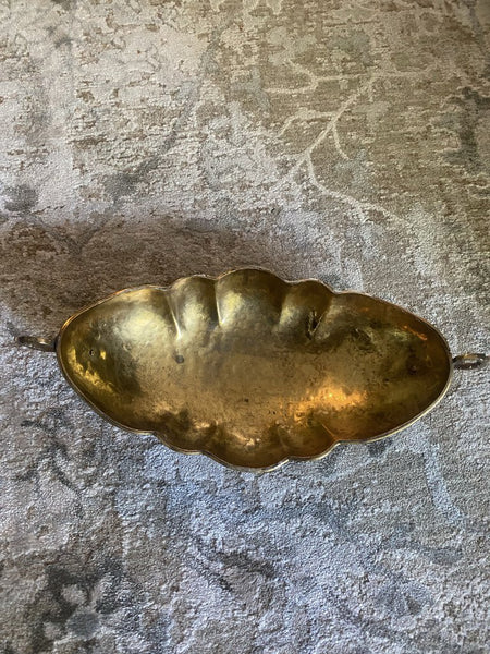 Vintage Hammered Oblong Footed Bowl w/ Scalloped Edges 7" x 15"