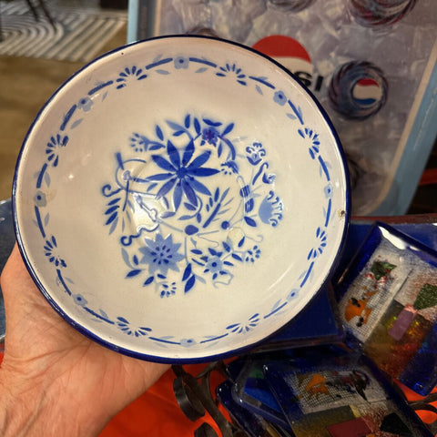 Vintage enamelware blue and white bowl