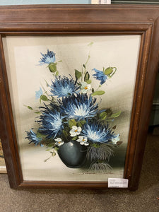 Still Life vase blue mums & white flowers framed & signed as is