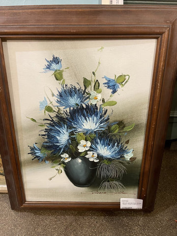 Still Life vase blue mums & white flowers framed & signed as is