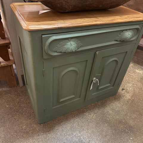 Vintage Eastlake Style Cabinet w/Drawer with Wood Top painted Magnolia Bespoke Green 31x15x28. IN STORE PICK UP ONLY