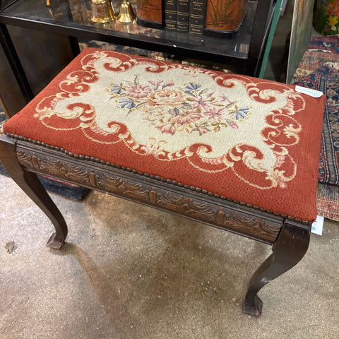 Vintage Needlepoint Carved Wood Bench 24"w x 18"h x 15"d