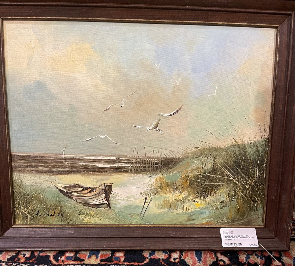 VINTAGE SIGNED FRAMED SEASCAPE OIL PAINTING BOAT SEAGULLS