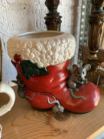 Vintage Ceramic Mouse Santa Boot~ 5.5" w x 8.5" l x 7" t