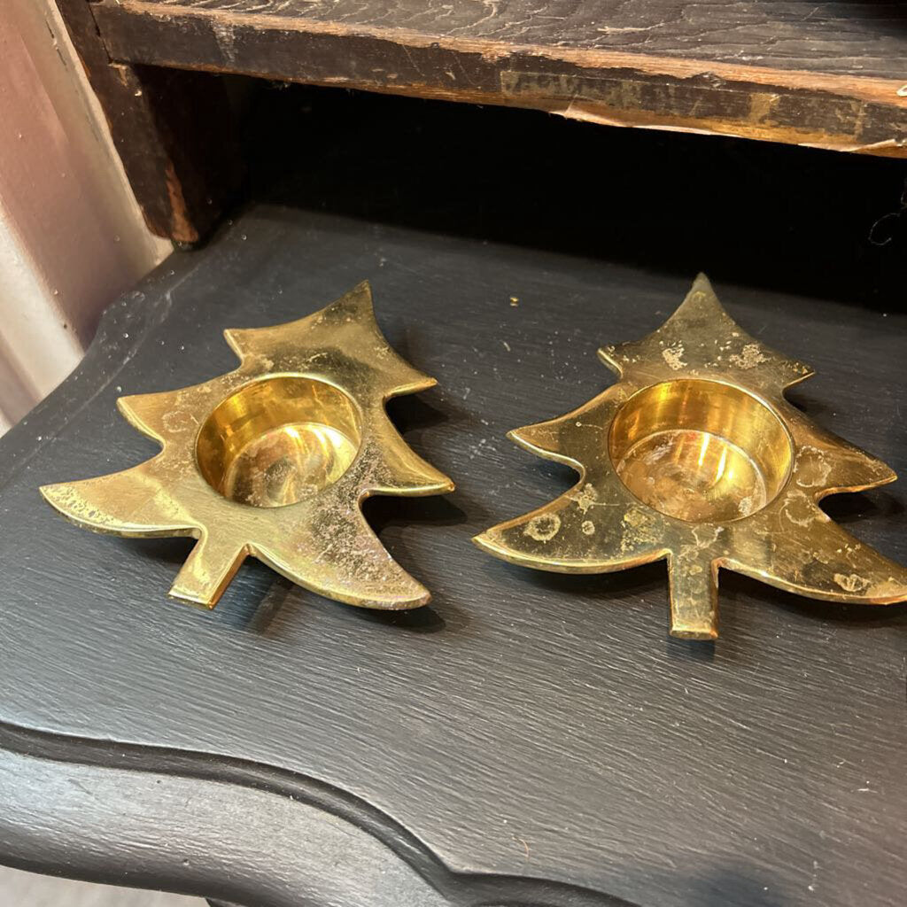 Pair of Vintage Brass Pine Tree Tea Light Candle Holders