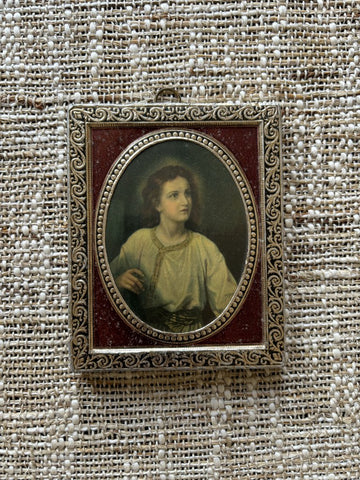 VNTG TIN OVER WOOD FRAMED CELLULOID PICTURE YOUNG JESUS IN THE TEMPLE