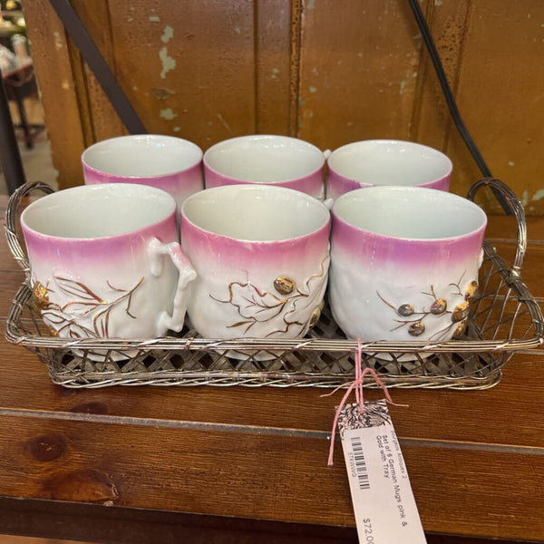 Set of 6 German Mugs pink & Gold with Tray