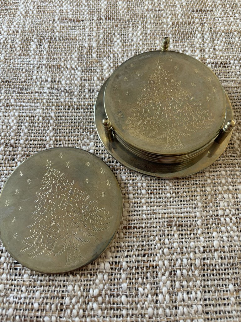 Set Of 6 Etched Brass Christmas Tree Coasters with Holder