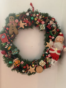 Vintage wood toys and Santa 19 inch Christmas wreath