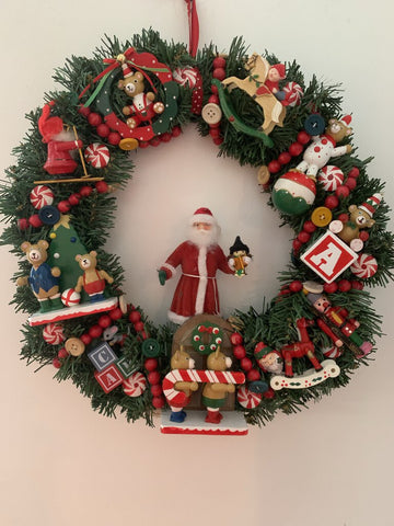 Vintage wood toy wreath with Santa 14 inch