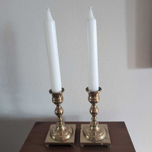 Pretty Pair of Vintage Brass Candlesticks with White Tapers