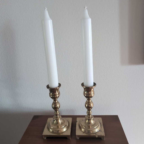 Pretty Pair of Vintage Brass Candlesticks with White Tapers