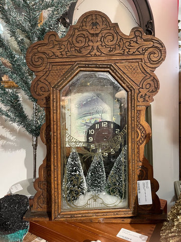 Victorian clock case with winter scene as is