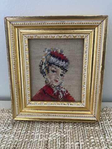 Vintage Needlepoint Lady in Frame 5" x 6"