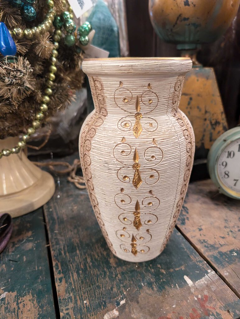 Aldo Londi Bitossi Sgraffito Gilt Ceramic Pitcher MCM Italian Pottery Vase VTG 10 inches