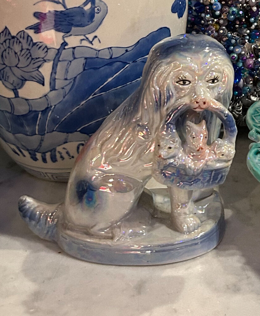 Vintage Ceramic Iridescent Glazed Spaniel Dog w/ Basket Figurine