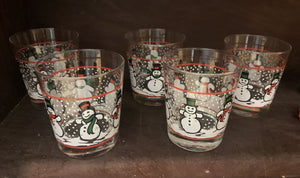 Vintage Snowman Low Ball Christmas Glasses~ Set of 5