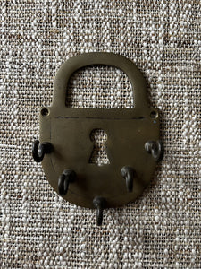 Vintage Brass Padlock Key Holder w/ 5 Hooks