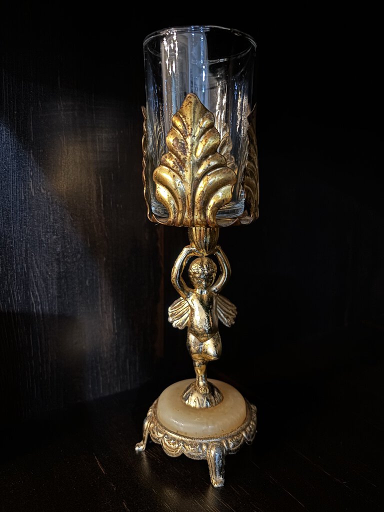 Vintage Cherub Gold Toned Candle Holder 9.5H