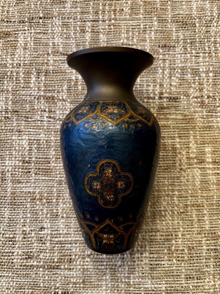 VTG Antiq Brass & Enamel Cloisonne Vase in Blue and Gold 7.5H