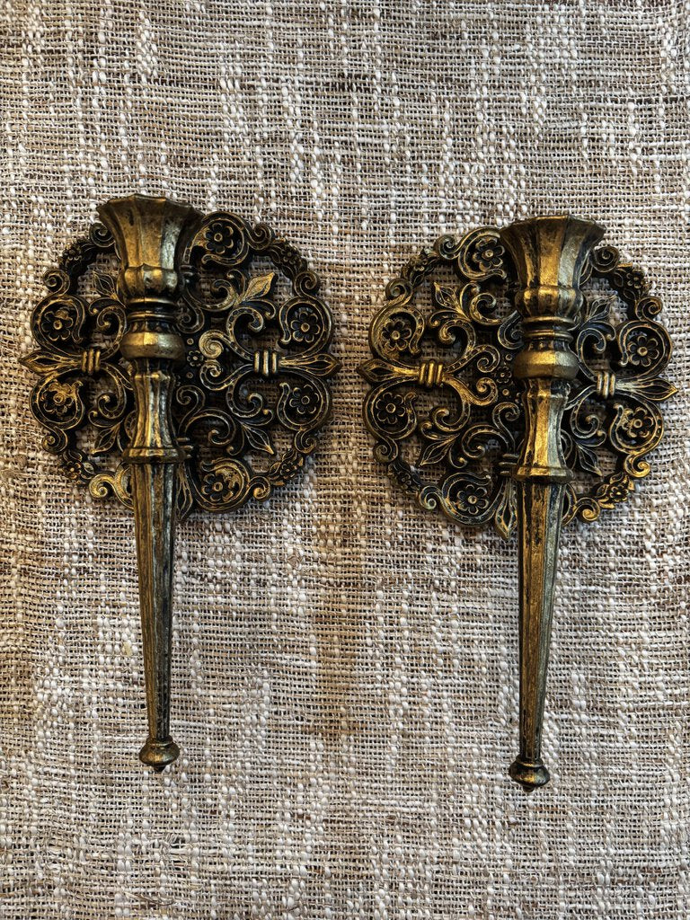 2 Vintage HOMCO Candle Wall Sconces Plastic Black Gold 10"