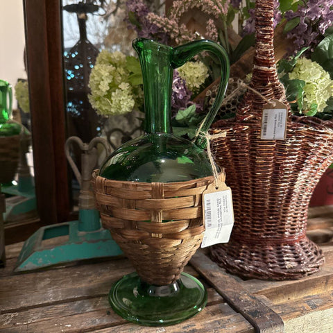 Vtg. Handblown (Italian) Green Glass Wicker Wrapped Bottle