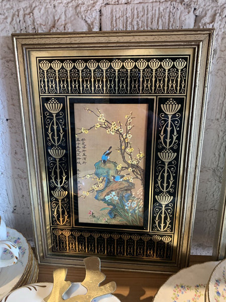 Vintage Reverse Painted Japan Gold Frame Bird~ 9.25" w x 13.25" l