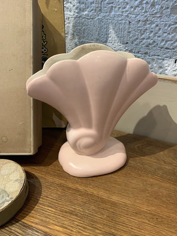 Vintage Pink Pottery Fan Shell Vase~ 4" w x 8" l x 7.5" t