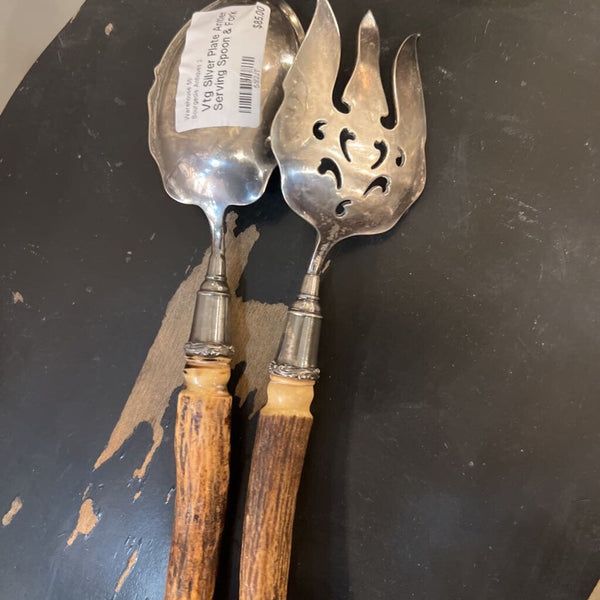 Vtg Silver Plate Antler Serving Spoon & Fork