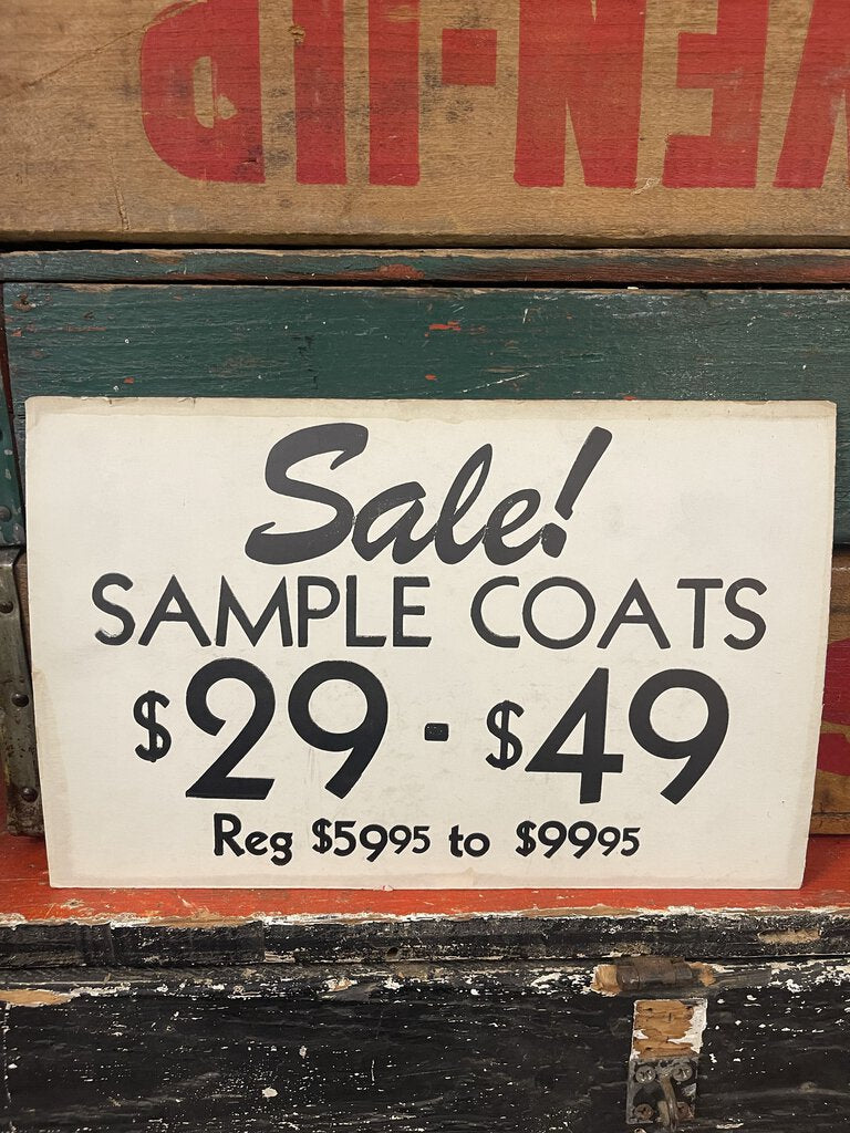 Jens Fresh Vintage ~ Vintage cardboard coat sale sign ~ $29-$49