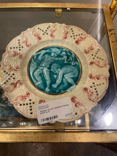 Antique German Majolica Cherub plate as is