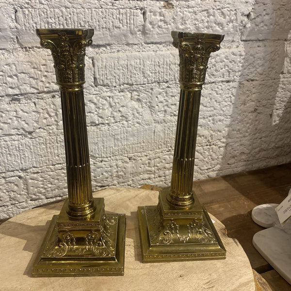 Vintage Brass Column Candlesticks (Pair) 11"h x 4"d