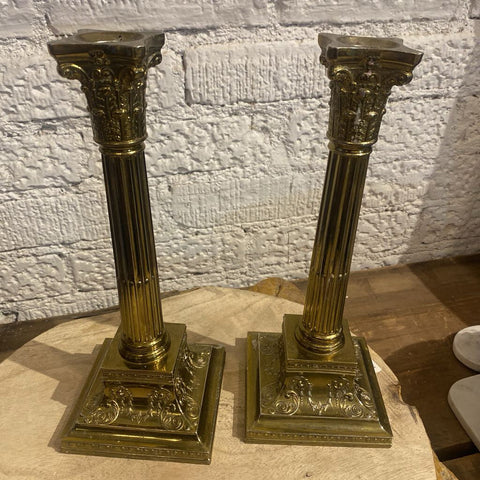 Vintage Brass Column Candlesticks (Pair) 11"h x 4"d