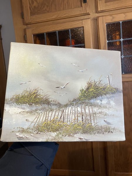 Signed Oil on Csnvas, seagulls over dune