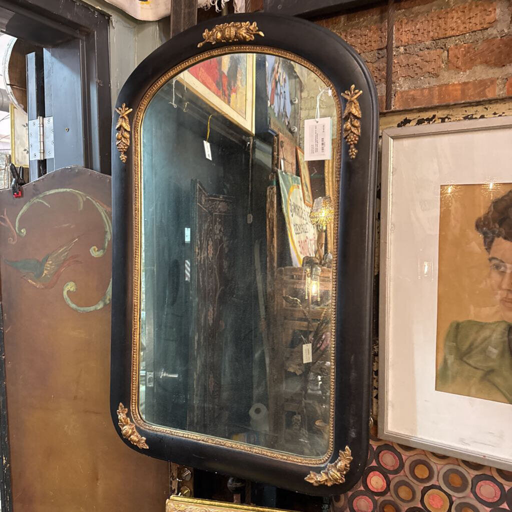 Gesso arch tombstone mirror dark wood with gold accents