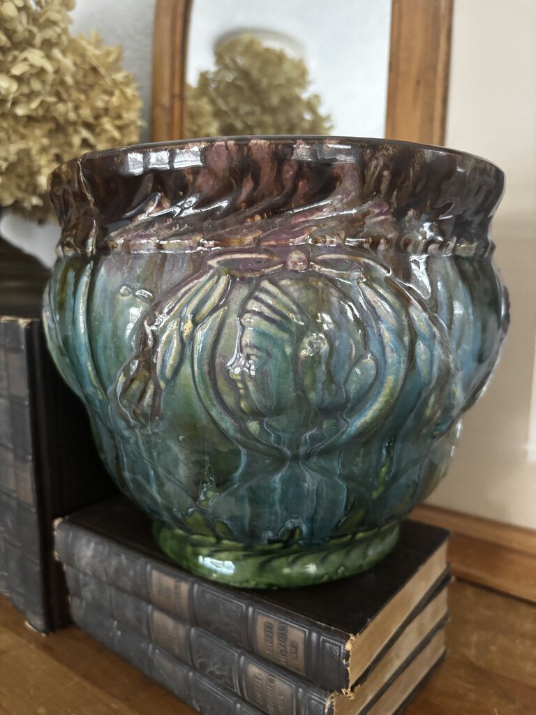Art Nouveau Ceramics Jardiniere Planter Pot Pottery Green Brown Woman Face McCoy (as found)