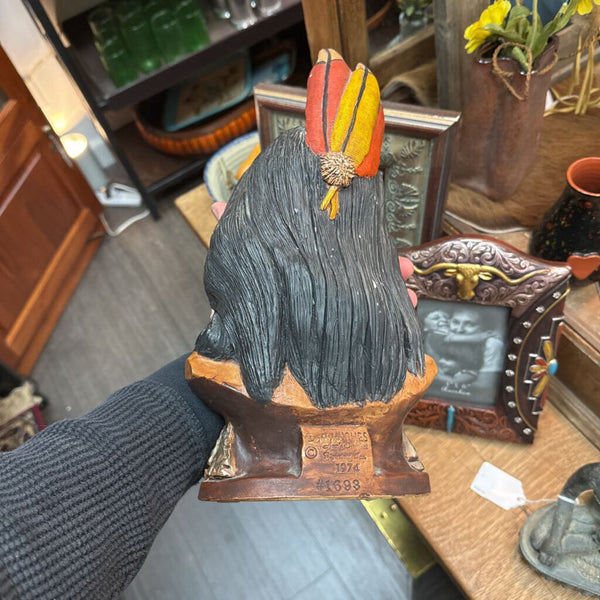 Vintage signed chalkware bust of Native American, 1974
