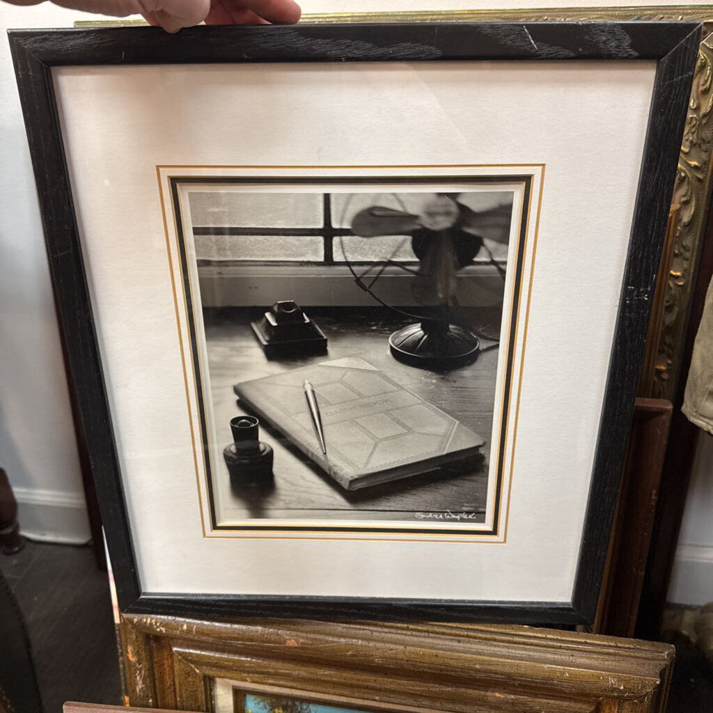 Signed black &white photo of vintage desk