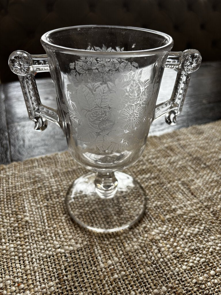 Antique Etched Glass Trophy Spooner 6.5H
