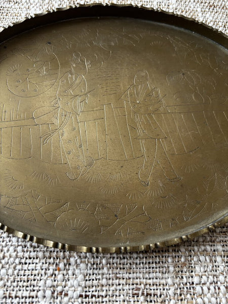 ANTIQUE BRASS ENGRAVED ASIAN TRAY - 10 x 7.5