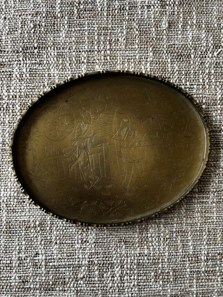 ANTIQUE BRASS ENGRAVED ASIAN TRAY - 10 x 7.5